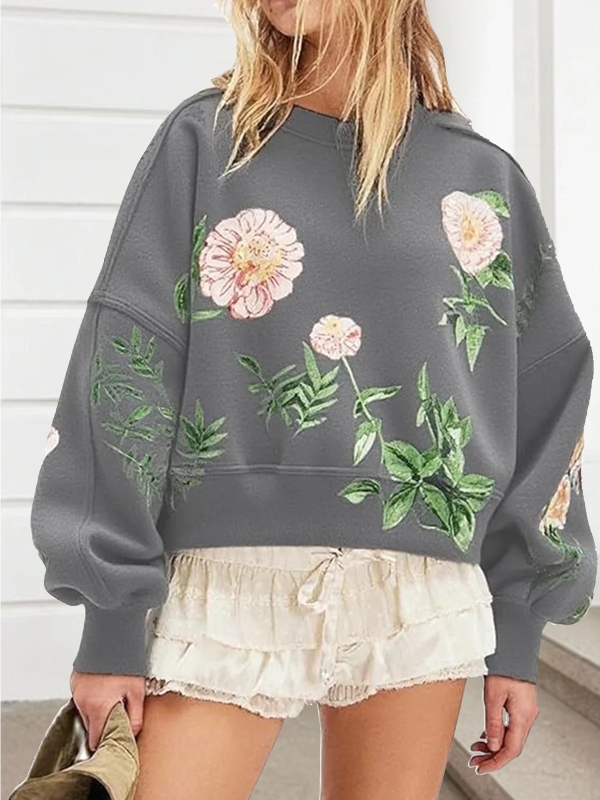 Lässig Rundhals Geblümt Sweatshirt