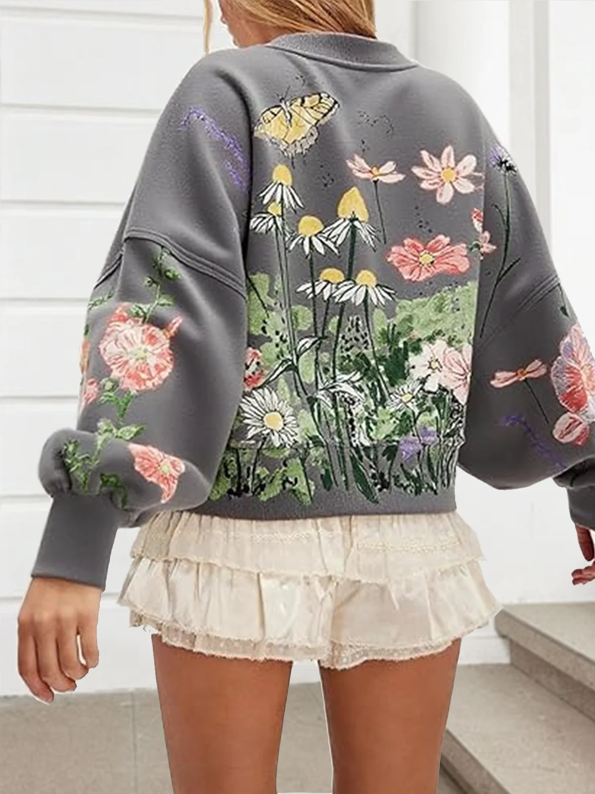 Lässig Rundhals Geblümt Sweatshirt