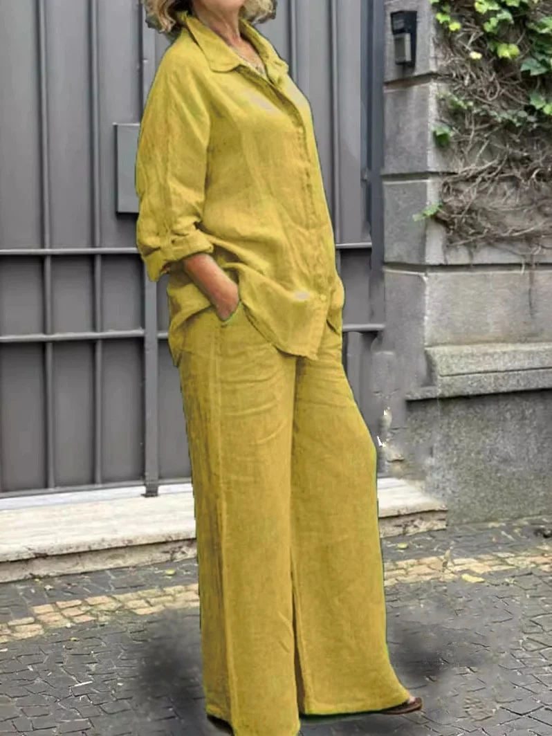 Damen Unifarben Verstellbarer Riemen Zweiteiliges Set Täglich Langarm Lässig Frühling/Herbst Bluse mit Hose Matching Set