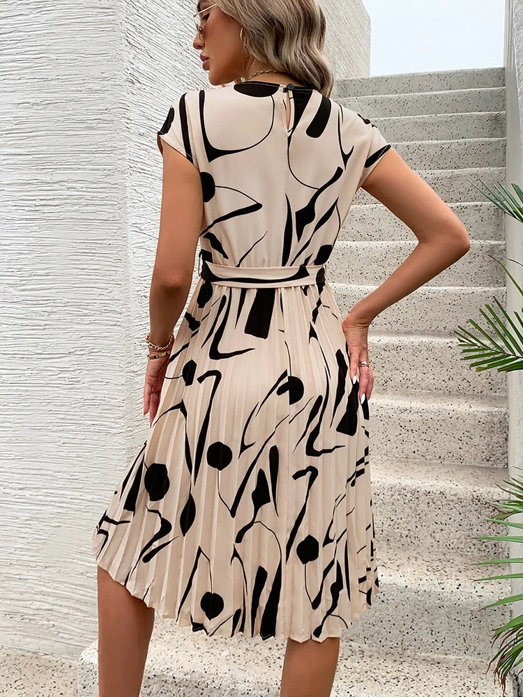 Damen Abstrakt Grafik Sommer Print Kleid V-Ausschnitt Kurzarm Tanktop A-Linien-Kleid