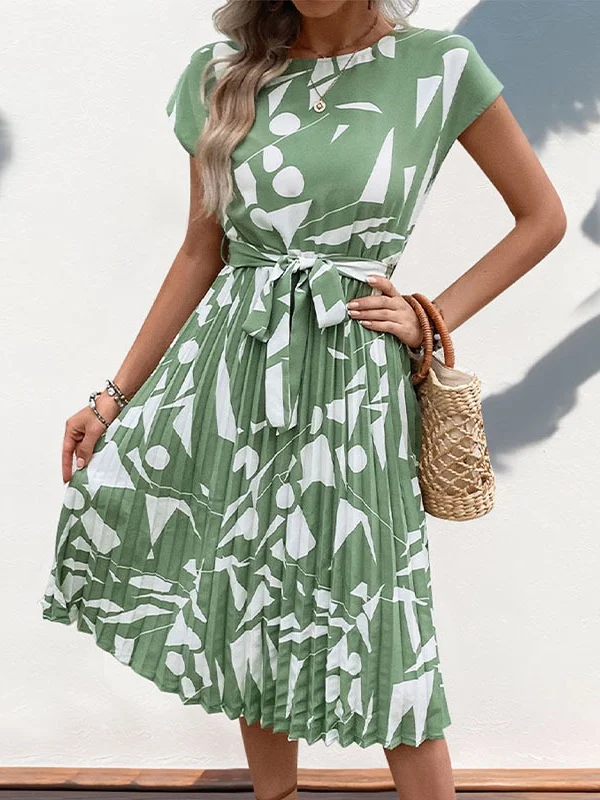 Damen Abstrakt Grafik Sommer Print Kleid V-Ausschnitt Kurzarm Tanktop A-Linien-Kleid