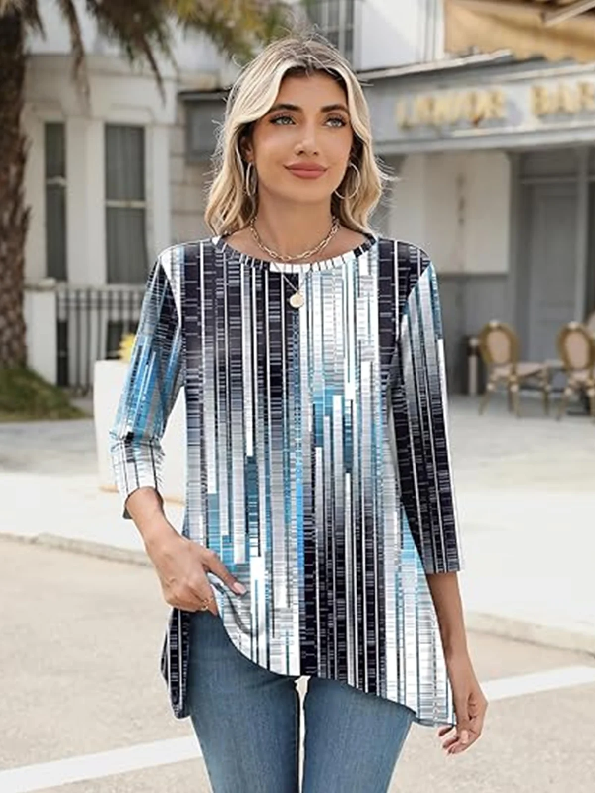 Lässig Geometrisch Rundhals Dreiviertelärmel T-Shirt