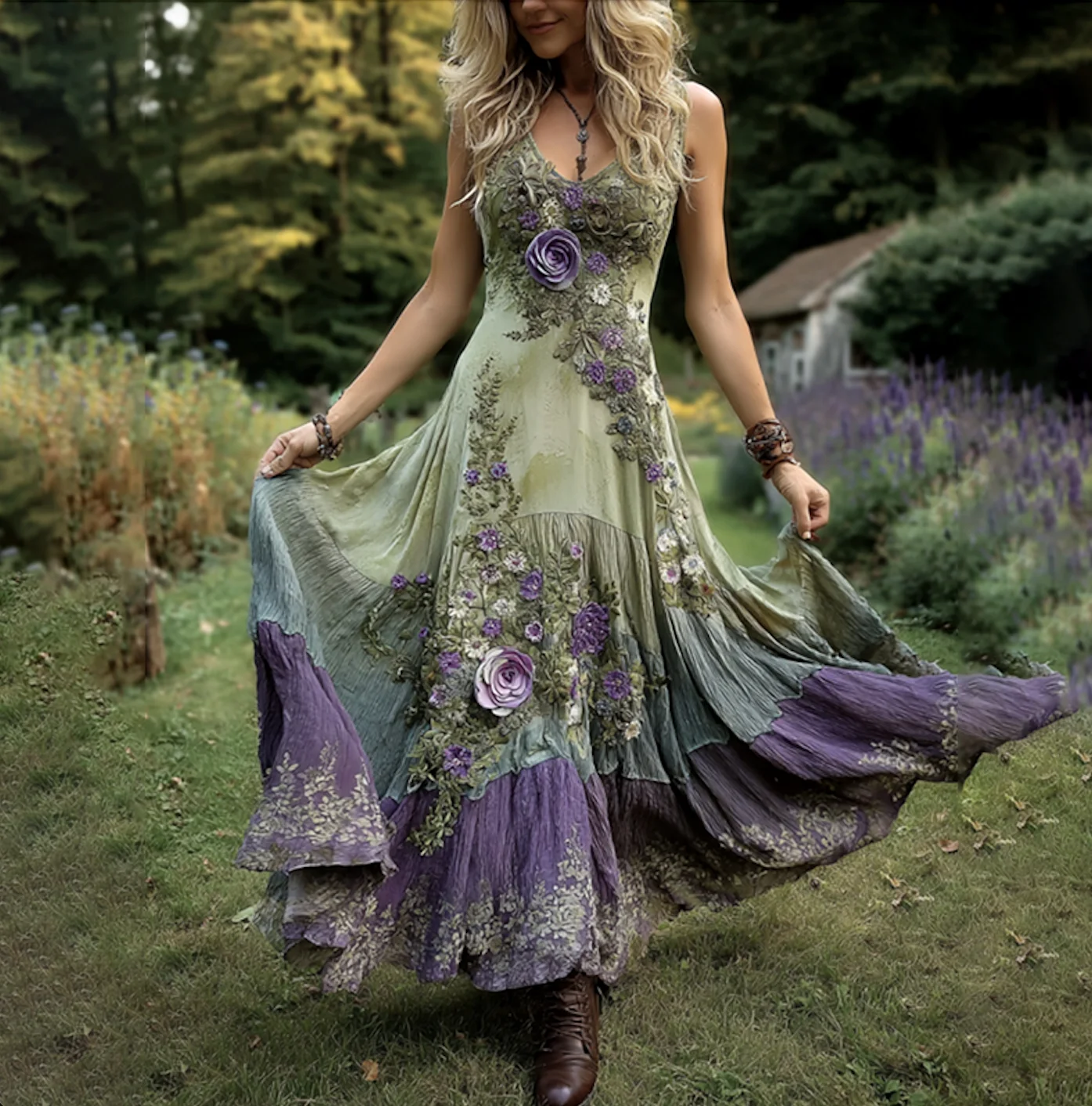 Damen Geblümt Sommer Kleid Rundhals Ärmellos A-Linien-Kleid
