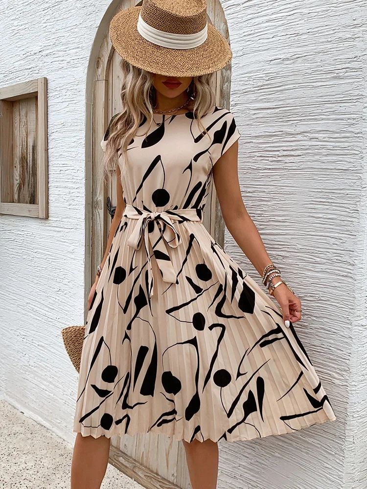 Damen Abstrakt Grafik Sommer Print Kleid V-Ausschnitt Kurzarm Tanktop A-Linien-Kleid
