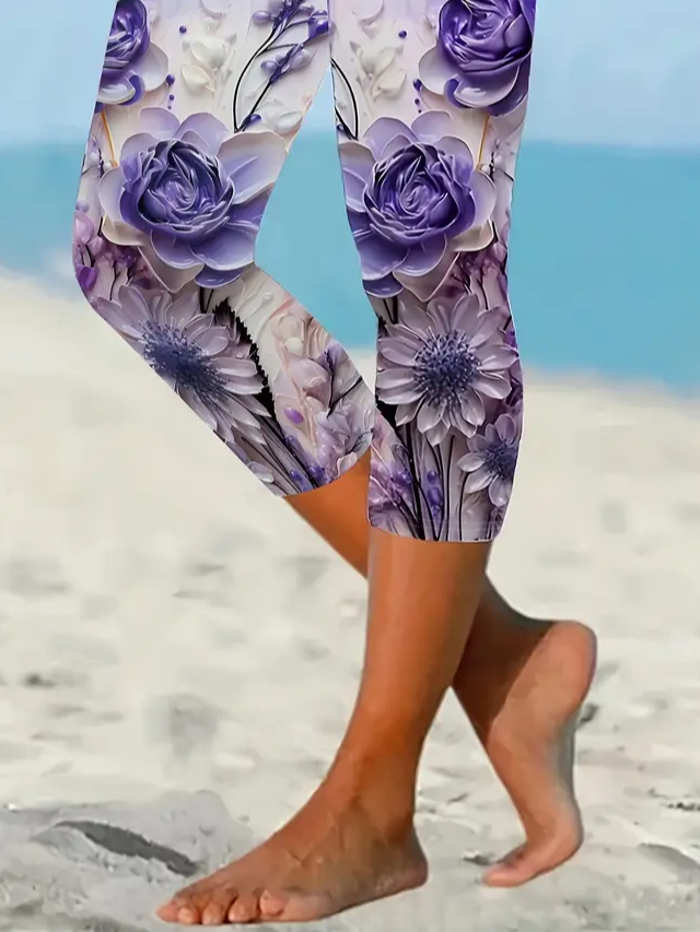 Damen Geblümt Caprihosen Elastische Taille Hose Lässig Sommer Hose