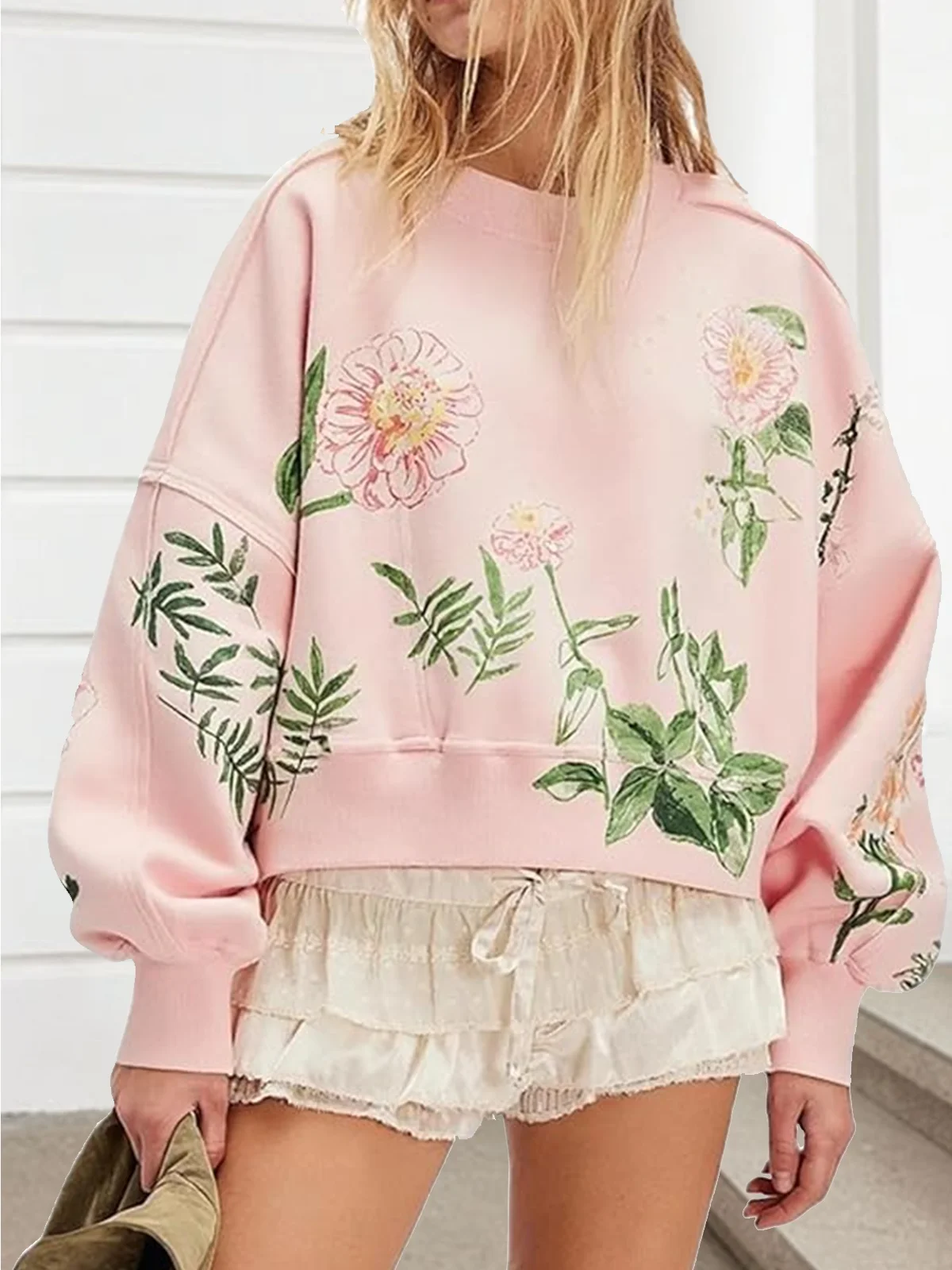 Lässig Rundhals Geblümt Sweatshirt