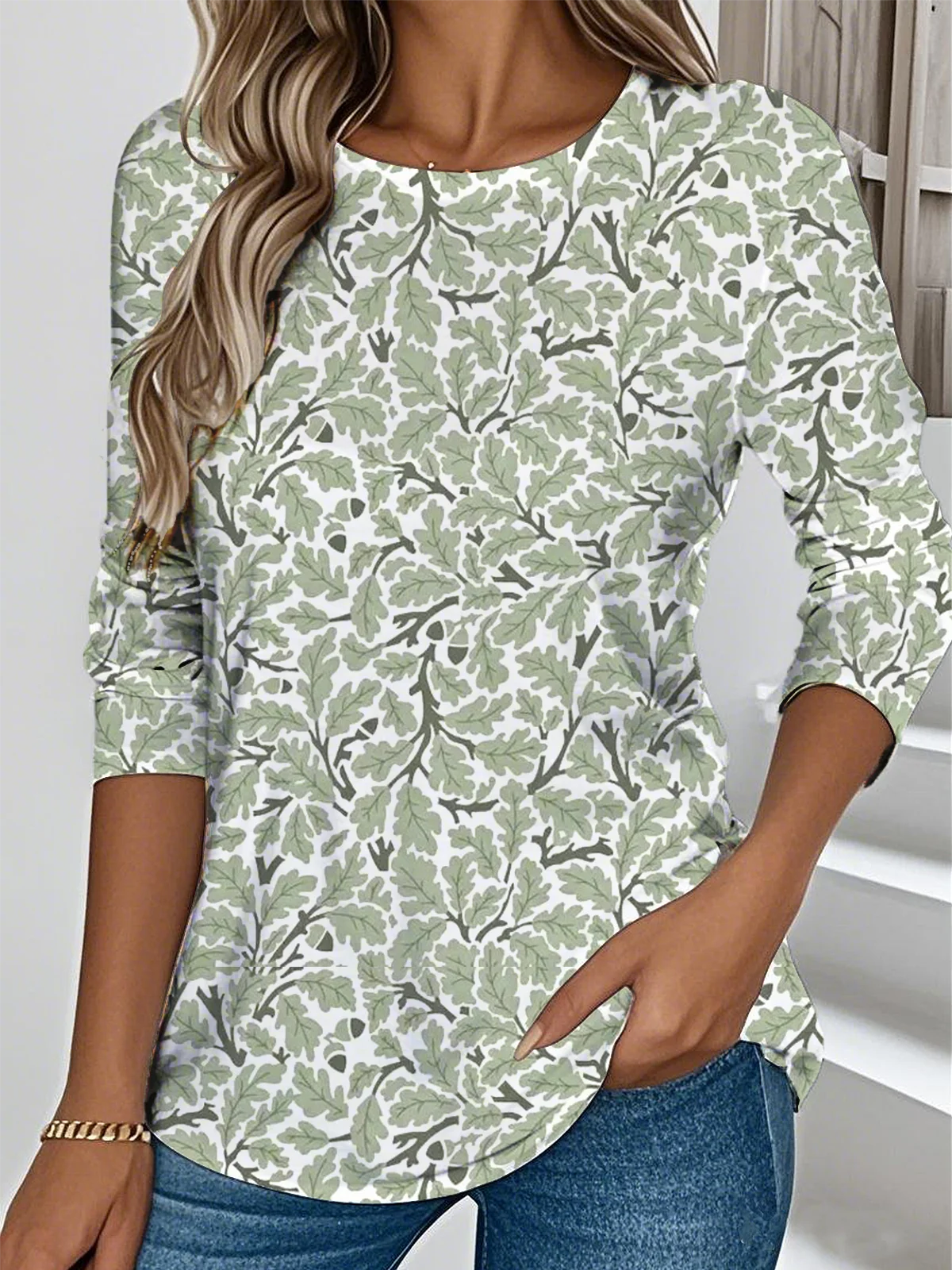 Lässig Blätter Rundhals Langarm T-Shirt