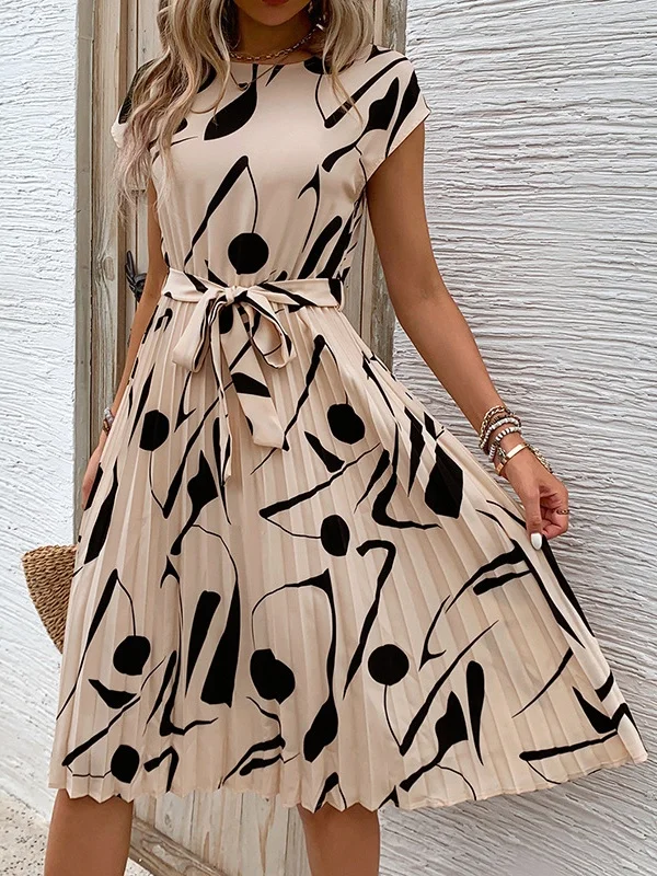 Damen Abstrakt Grafik Sommer Print Kleid V-Ausschnitt Kurzarm Tanktop A-Linien-Kleid