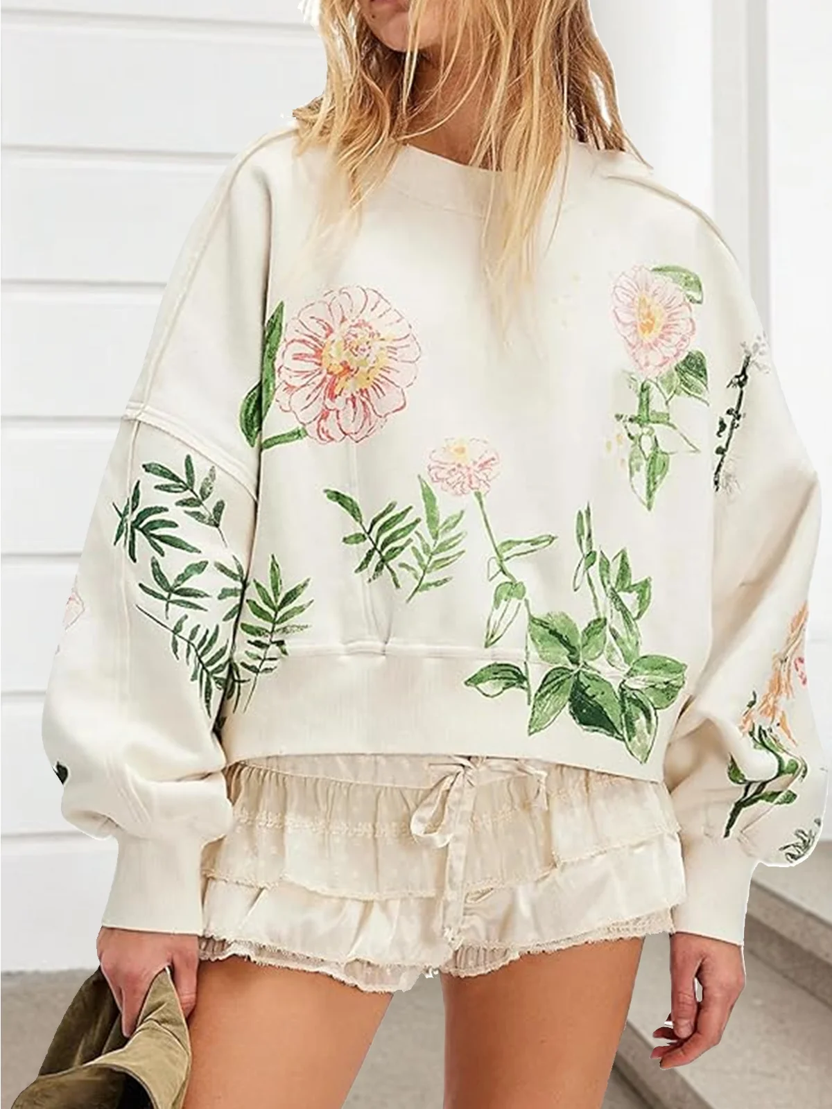Lässig Rundhals Geblümt Sweatshirt