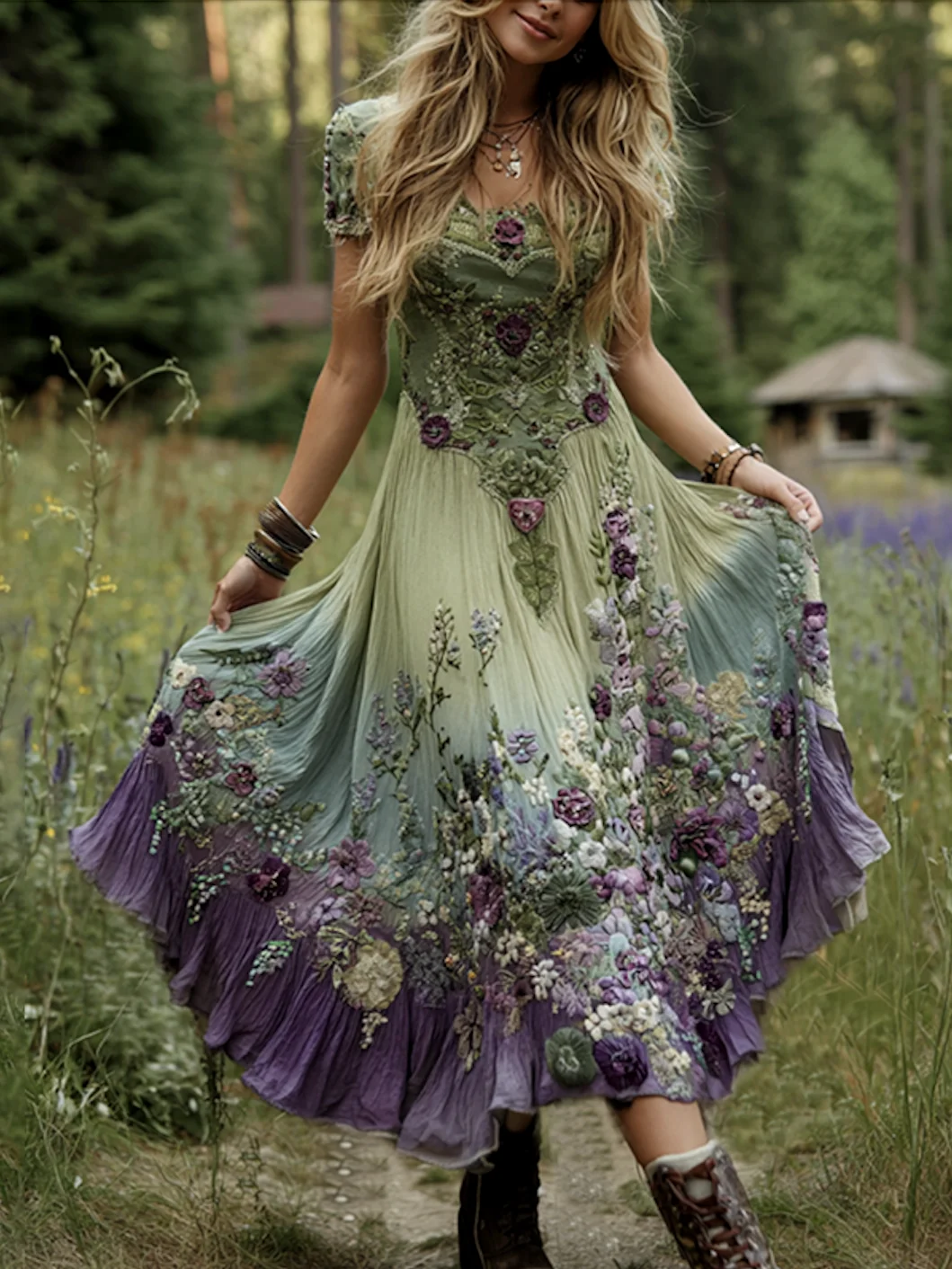 Damen Geblümt Sommer Kleid Rundhals Kurzarm A-Linien-Kleid