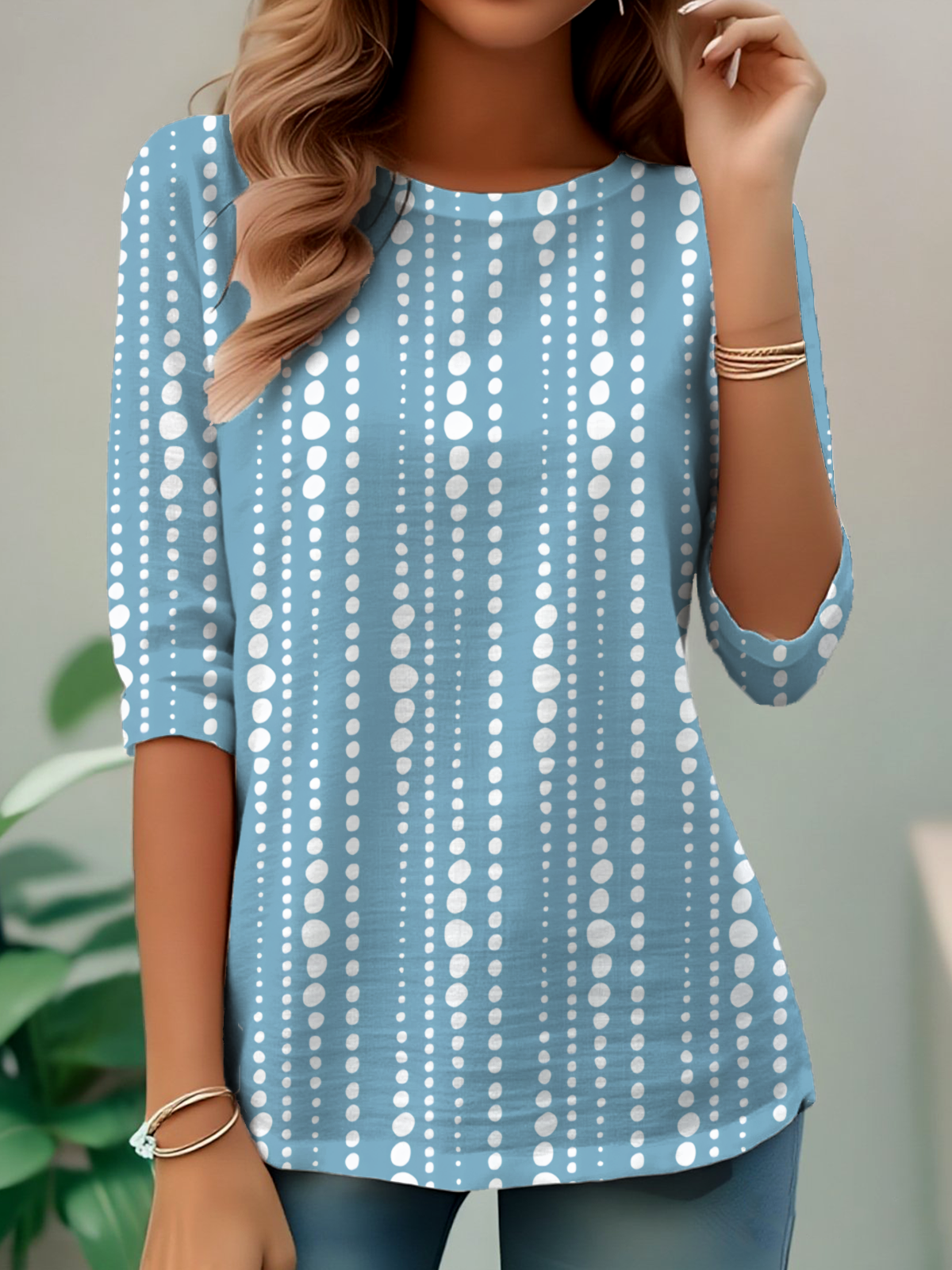 Lässig Polka Dots Rundhals Langarm T-Shirt