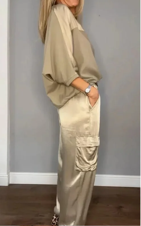 Damen Unifarben Taschennähen Zweiteiliges Set Täglich Halbarm Lässig Sommer Bluse mit Hose Matching Set