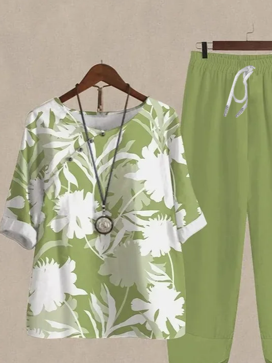 Damen Geblümt Print Zweiteiliges Set Täglich Halbarm Lässig Sommer Bluse mit Hose Matching Set