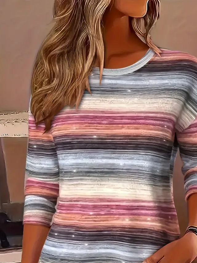 Lässig Gestreift Rundhals Langarm T-Shirt
