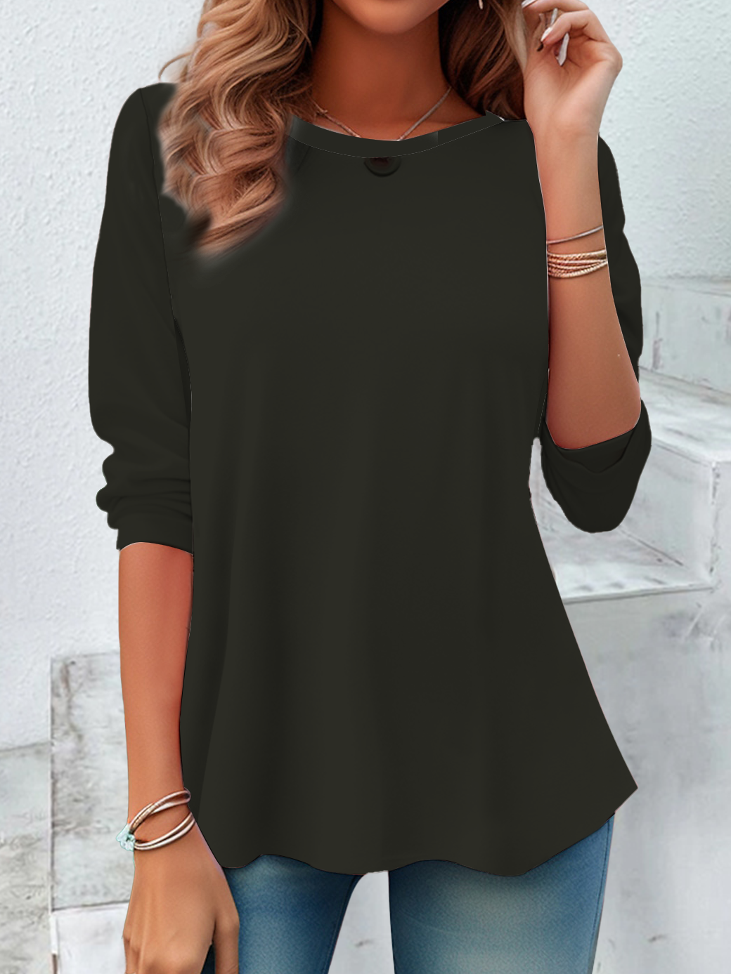 Lässig Unifarben Rundhals Langarm T-Shirt