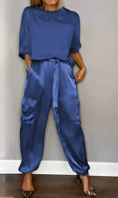 Damen Unifarben Taschennähen Zweiteiliges Set Täglich Halbarm Lässig Sommer Bluse mit Hose Matching Set