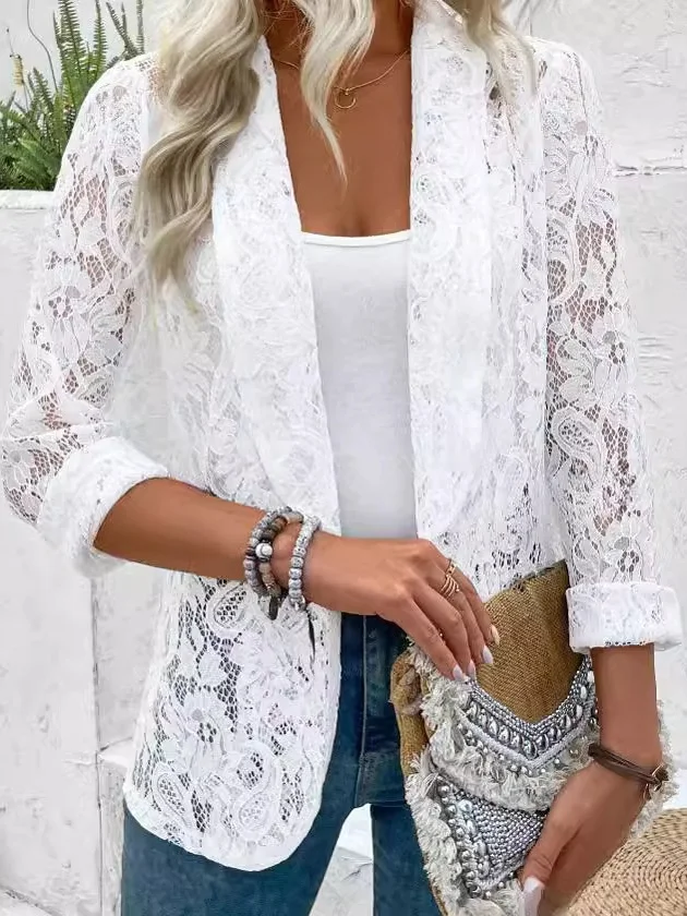 Damen Frühling/Herbst Oberbekleidung Sexy Stickerei Geblümt Dreiviertelärmel Schalkragen Jacke
