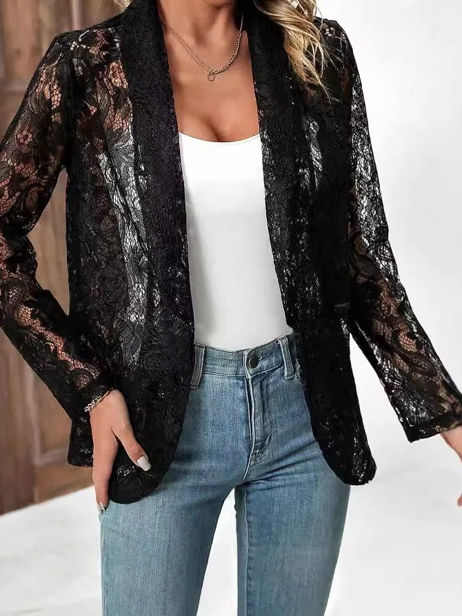 Damen Frühling/Herbst Oberbekleidung Sexy Stickerei Geblümt Dreiviertelärmel Schalkragen Jacke