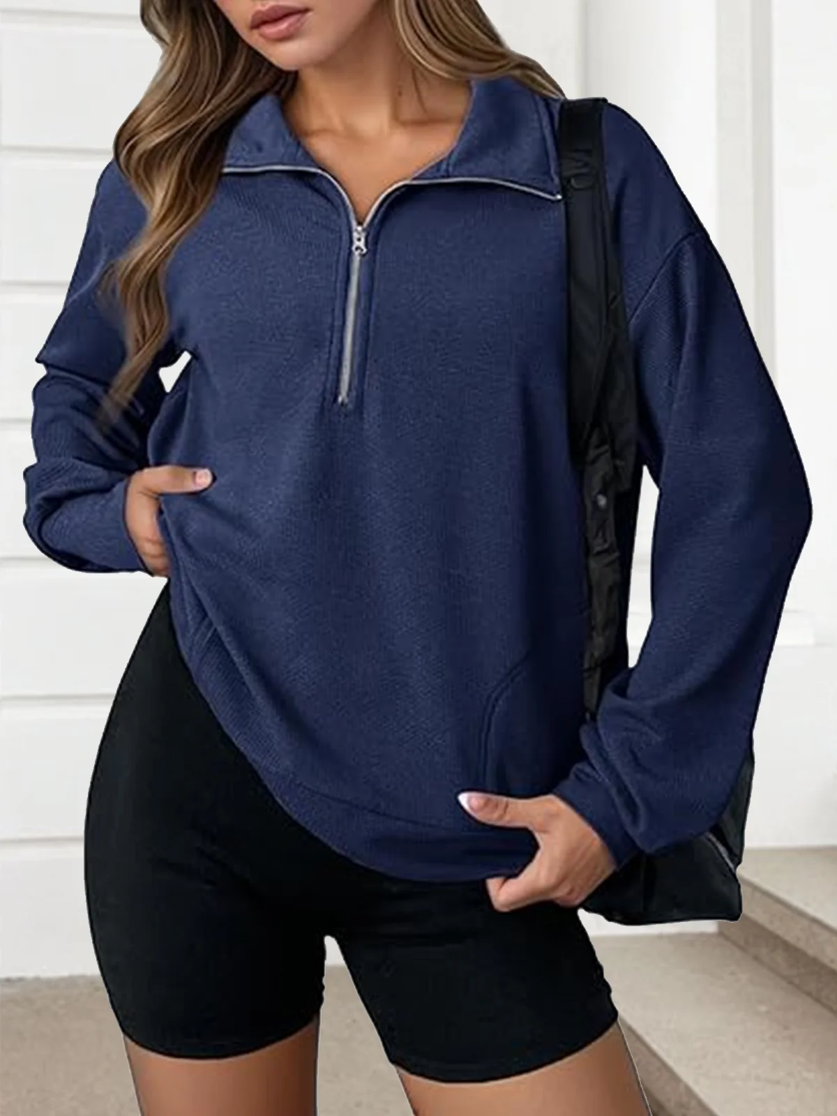 Lässig Hemdkragen Unifarben Sweatshirt