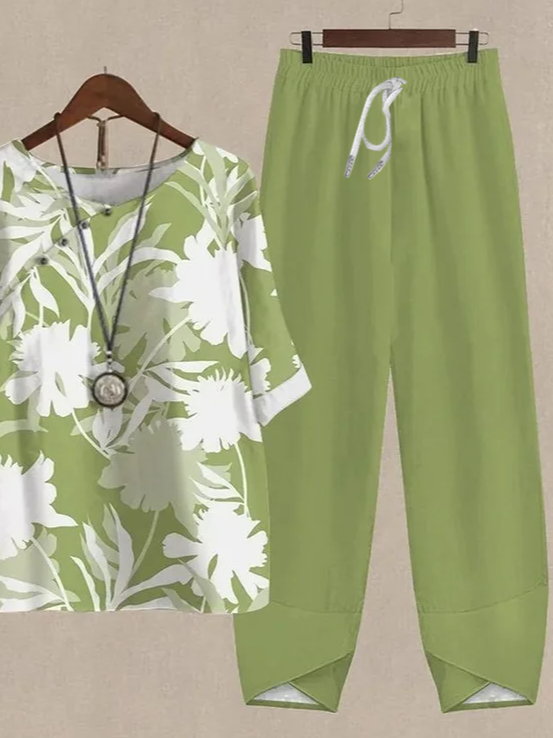 Damen Geblümt Print Zweiteiliges Set Täglich Halbarm Lässig Sommer Bluse mit Hose Matching Set