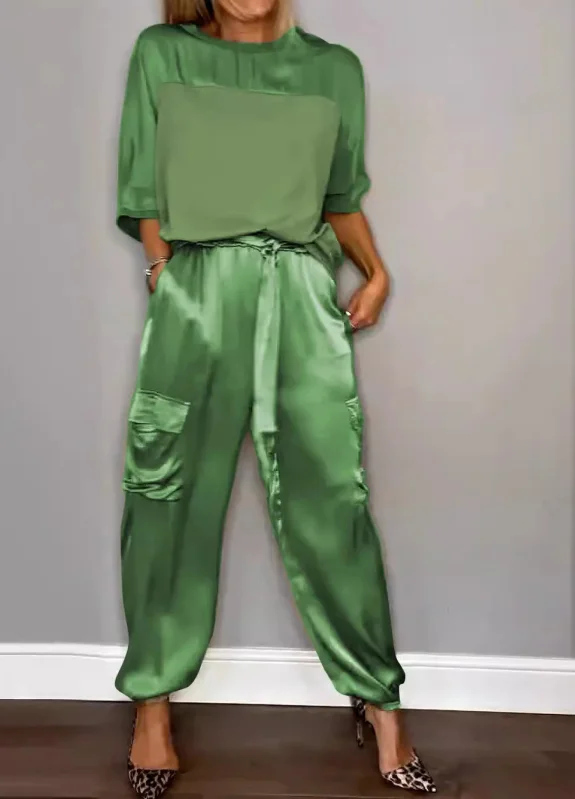 Damen Unifarben Taschennähen Zweiteiliges Set Täglich Halbarm Lässig Sommer Bluse mit Hose Matching Set