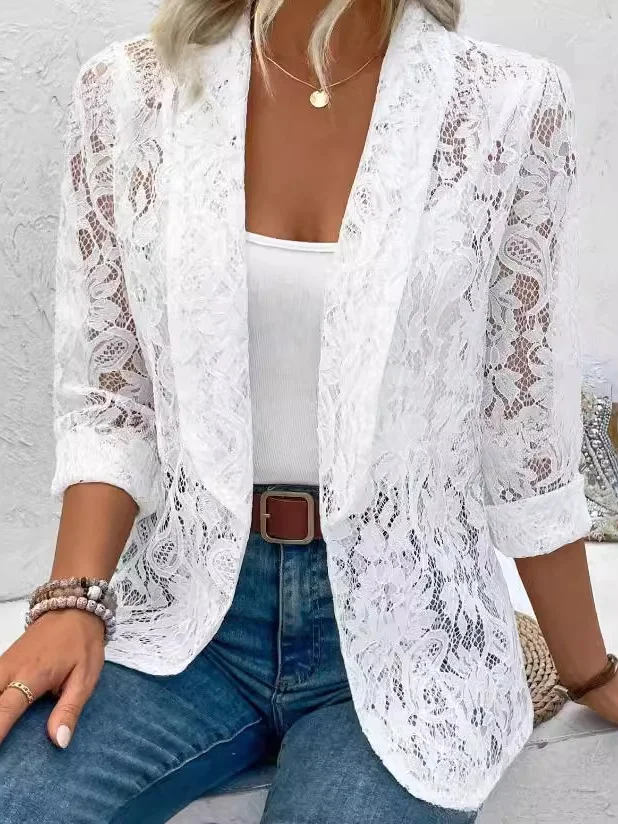 Damen Frühling/Herbst Oberbekleidung Sexy Stickerei Geblümt Dreiviertelärmel Schalkragen Jacke