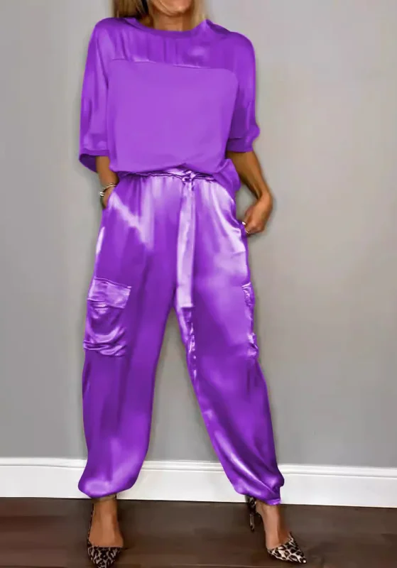 Damen Unifarben Taschennähen Zweiteiliges Set Täglich Halbarm Lässig Sommer Bluse mit Hose Matching Set