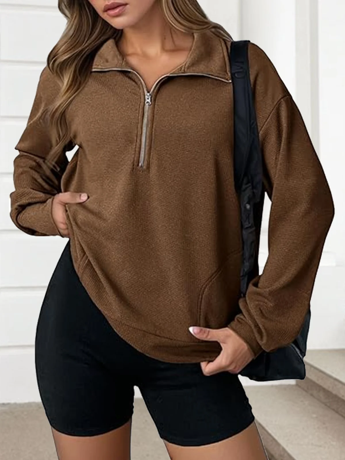 Lässig Hemdkragen Unifarben Sweatshirt