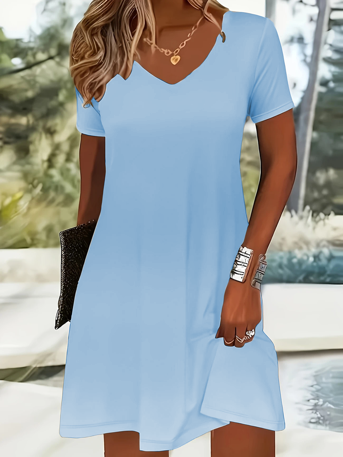 Damen Unifarben Sommer Kleid V-Ausschnitt Kurzarm Passen & Flare Kleid A-Linien-Kleid