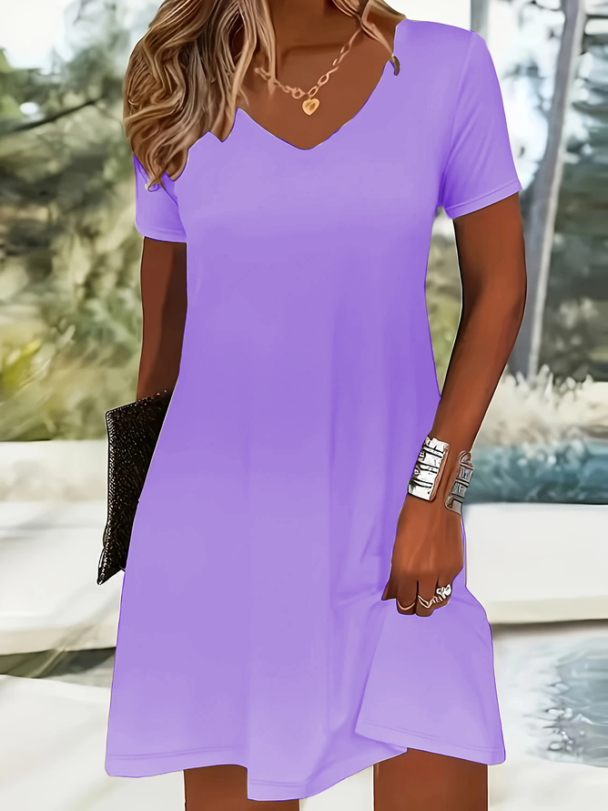 Damen Unifarben Sommer Kleid V-Ausschnitt Kurzarm Passen & Flare Kleid A-Linien-Kleid
