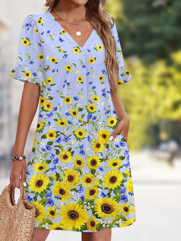Damen Unifarben Sommer Kleid V-Ausschnitt Kurzarm Passen & Flare Kleid A-Linien-Kleid