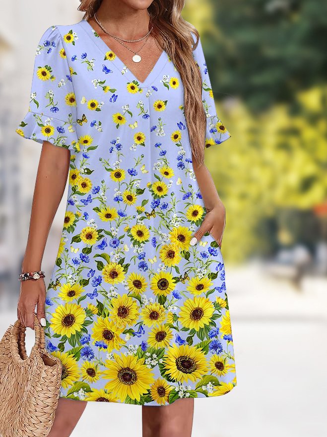 Damen Unifarben Sommer Kleid V-Ausschnitt Kurzarm Passen & Flare Kleid A-Linien-Kleid