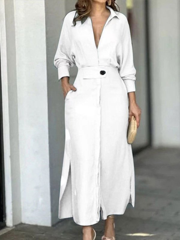 Damen Unifarben Frühling/Herbst Nahtverarbeitung Kleid V-Ausschnitt Langarm Tanktop A-Linien-Kleid