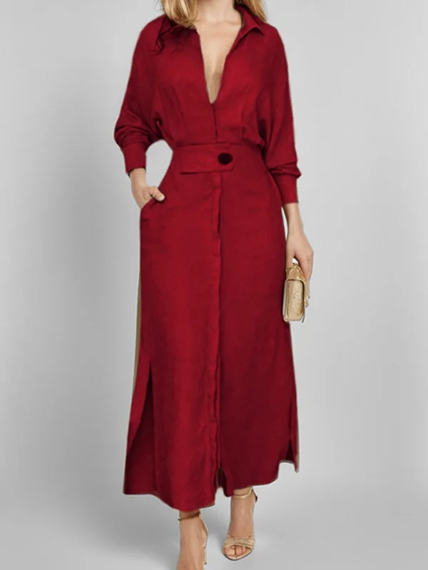 Damen Unifarben Frühling/Herbst Nahtverarbeitung Kleid V-Ausschnitt Langarm Tanktop A-Linien-Kleid