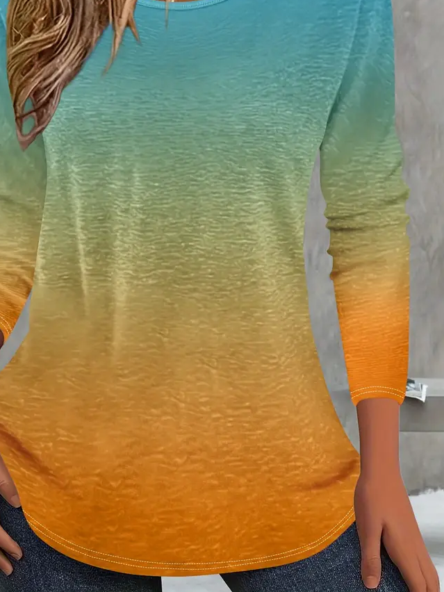 Lässig Farbverlauf Rundhals Langarm T-Shirt