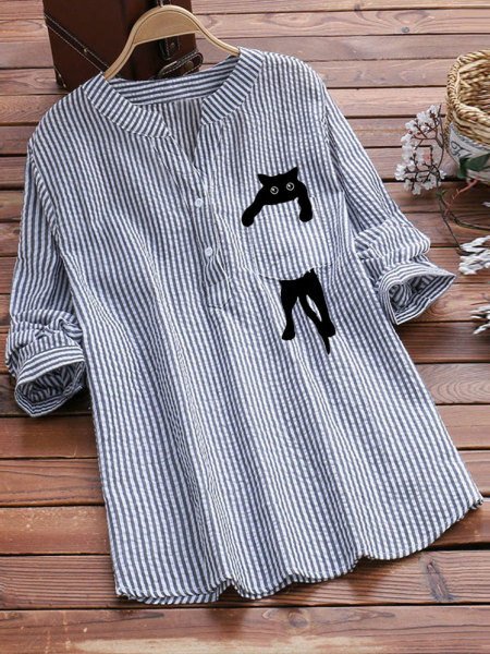 V-Ausschnitt Langarm Gestreift Print Regelmäßig Mikroelastizität Weit Tunika Bluse für Damen