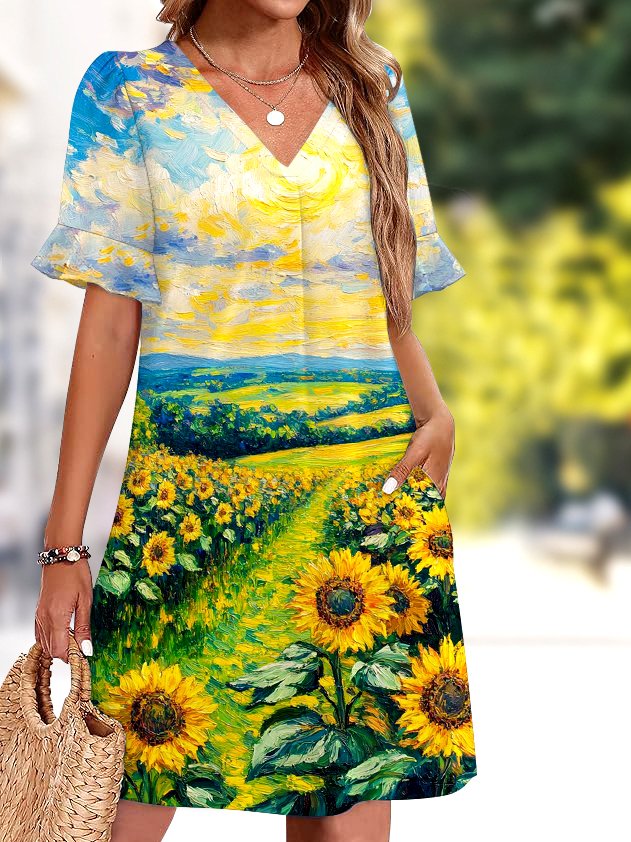 Damen Unifarben Sommer Kleid V-Ausschnitt Kurzarm Passen & Flare Kleid A-Linien-Kleid