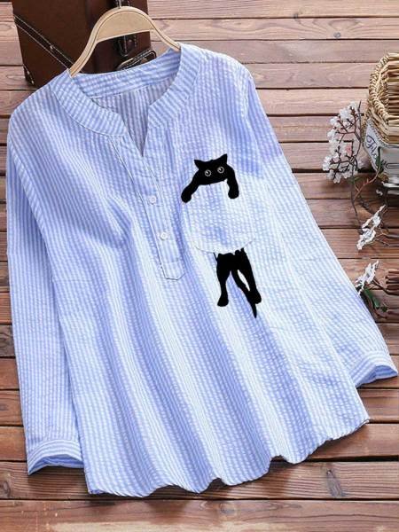 V-Ausschnitt Langarm Gestreift Print Regelmäßig Mikroelastizität Weit Tunika Bluse für Damen