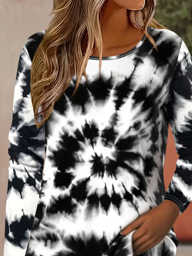 Lässig Tie-Dye-Muster Rundhals Langarm T-Shirt