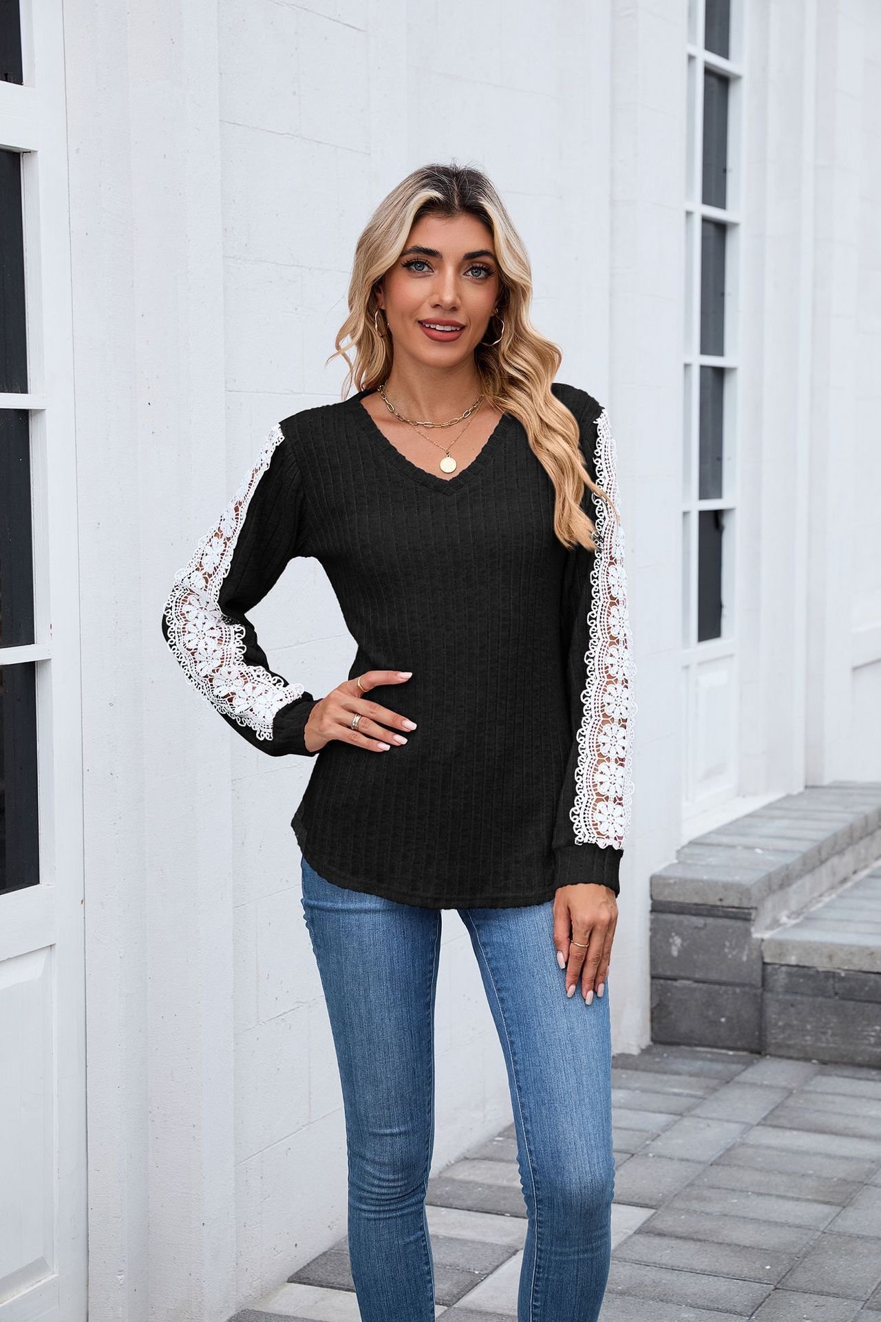 Lässig Unifarben V-Ausschnitt Langarm T-Shirt