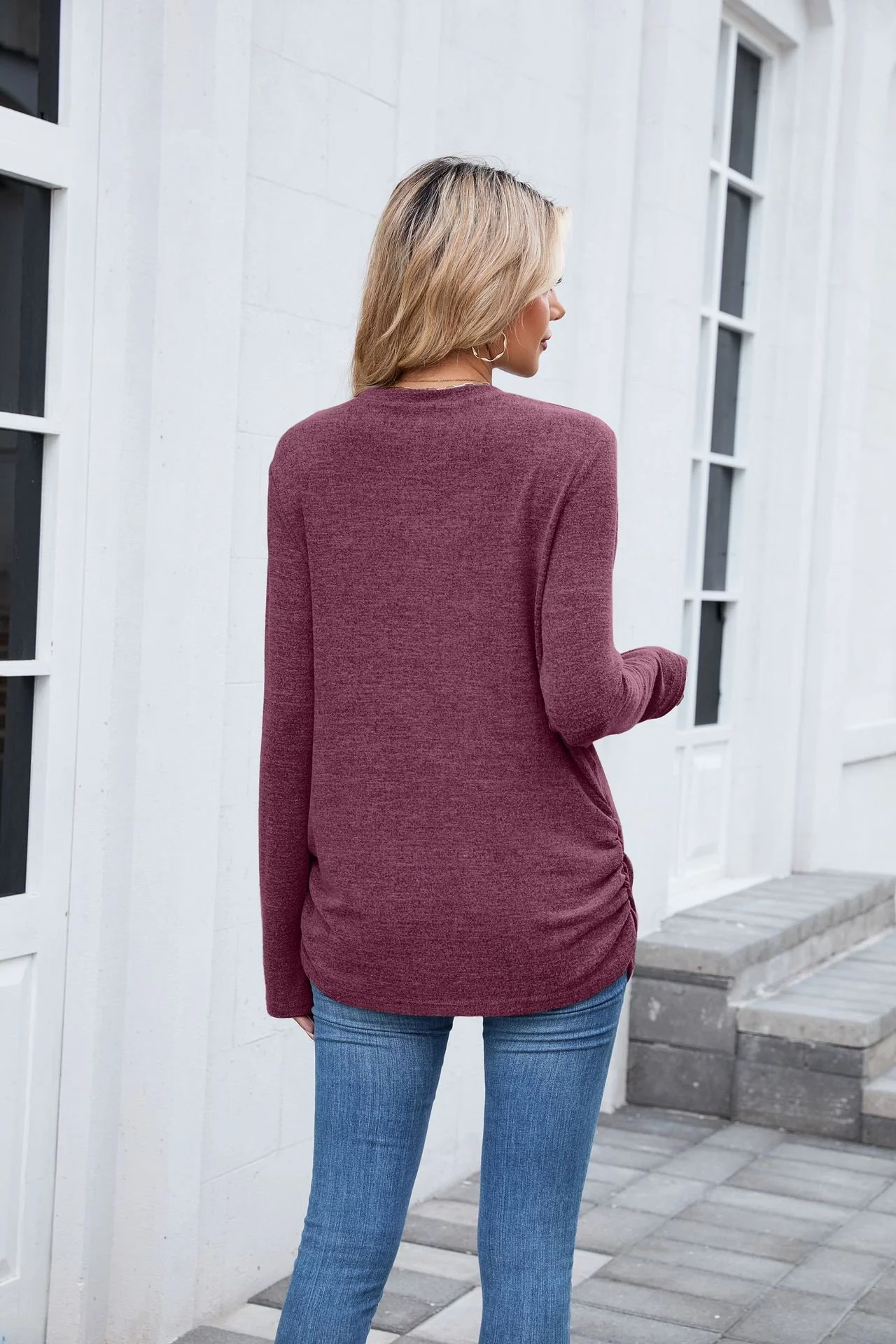 Lässig Unifarben Rundhals Langarm T-Shirt