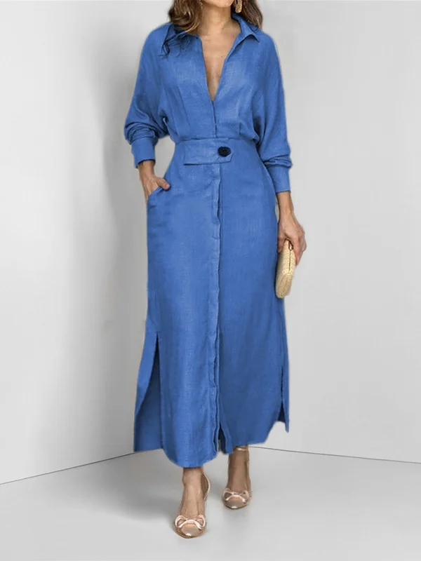 Damen Unifarben Frühling/Herbst Nahtverarbeitung Kleid V-Ausschnitt Langarm Tanktop A-Linien-Kleid