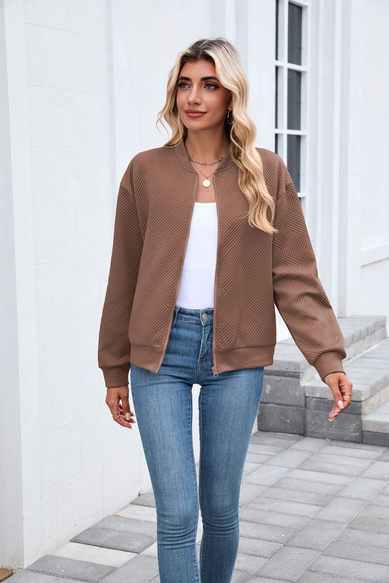 Damen Frühling/Herbst Oberbekleidung Lässig Unifarben Langarm Stehkragen Jacke