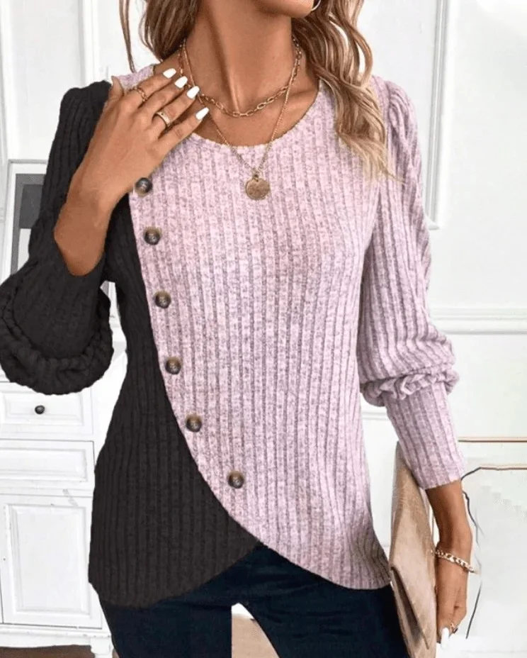 Schmal Passen Rundhals Farbe Matching Gerippt Kreuz Saum Langarm Frühling und Herbst Gestrickt Pendler T-Shirt Oberteile