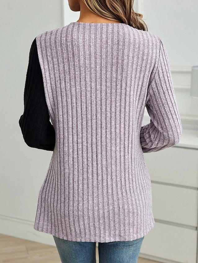 Schmal Passen Spitze Rundhals Farbe Matching Gerippt Kreuz Saum Langarm Gestrickt Elegant Pendler T-Shirt Oberteile