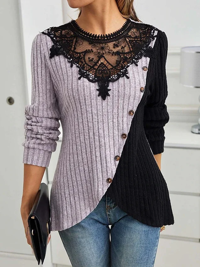 Schmal Passen Spitze Rundhals Farbe Matching Gerippt Kreuz Saum Langarm Gestrickt Elegant Pendler T-Shirt Oberteile
