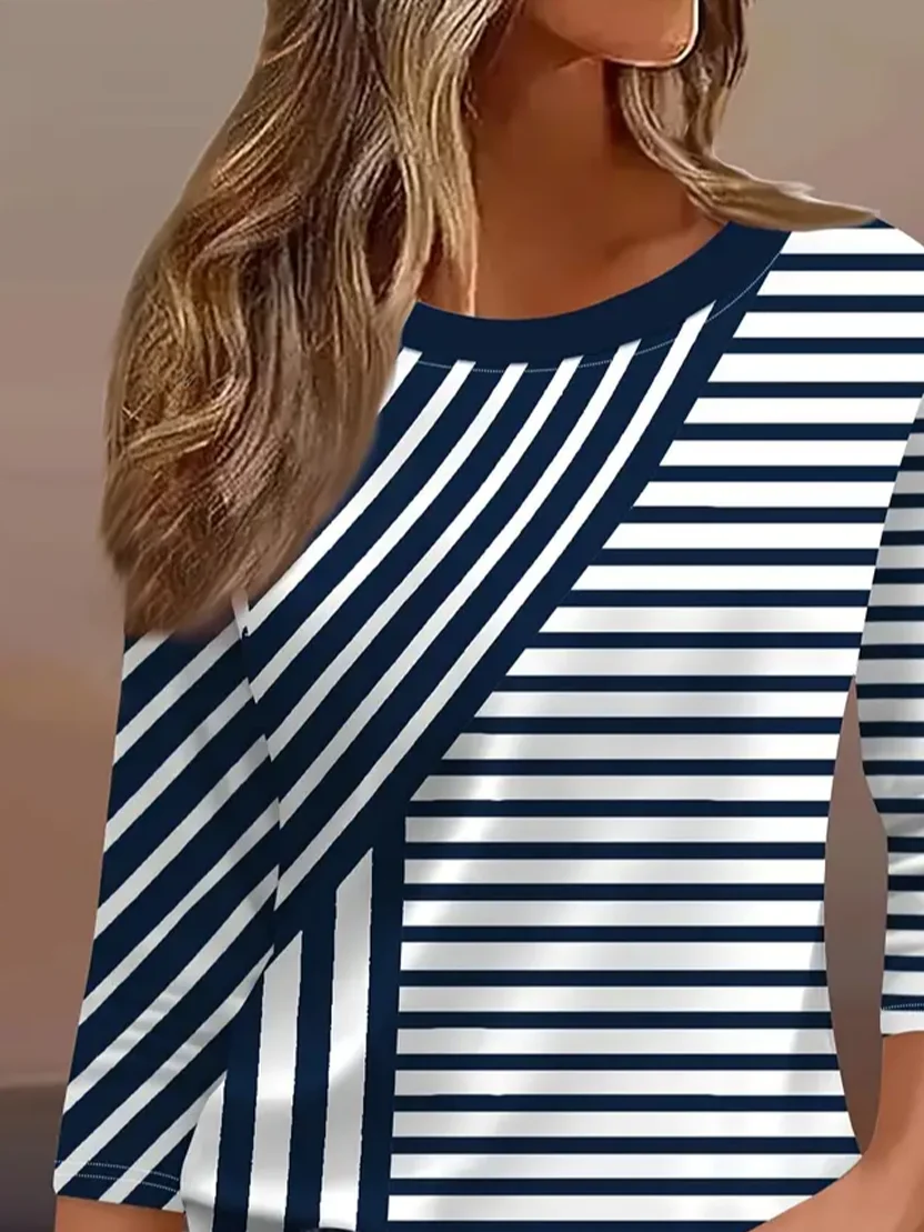 Lässig Gestreift Rundhals Dreiviertelärmel T-Shirt