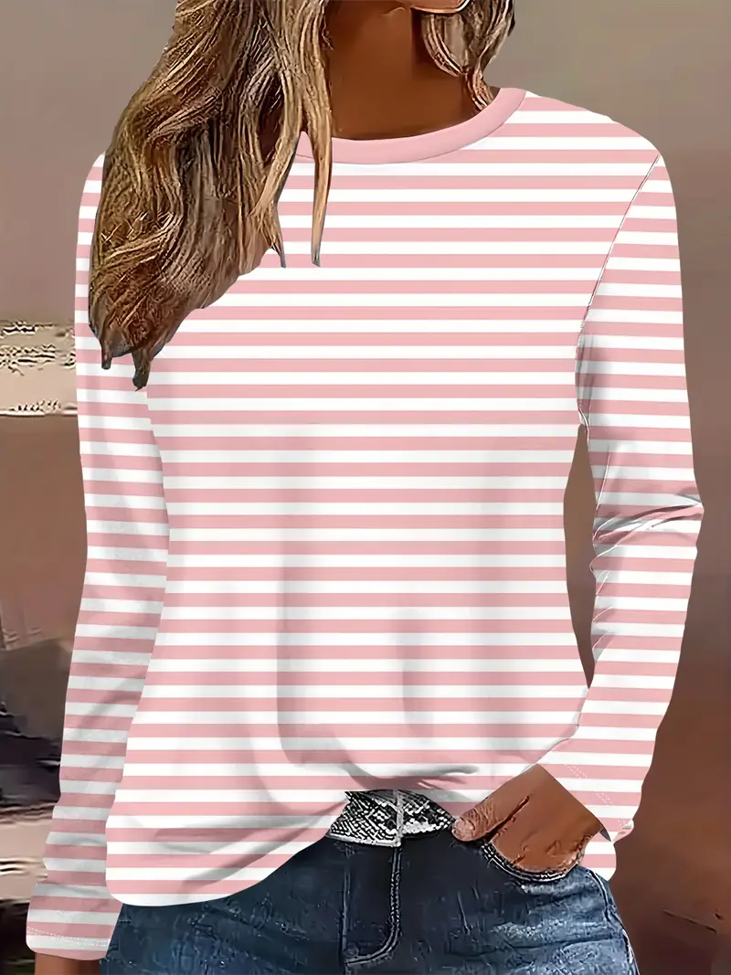 Lässig Gestreift Rundhals Langarm T-Shirt