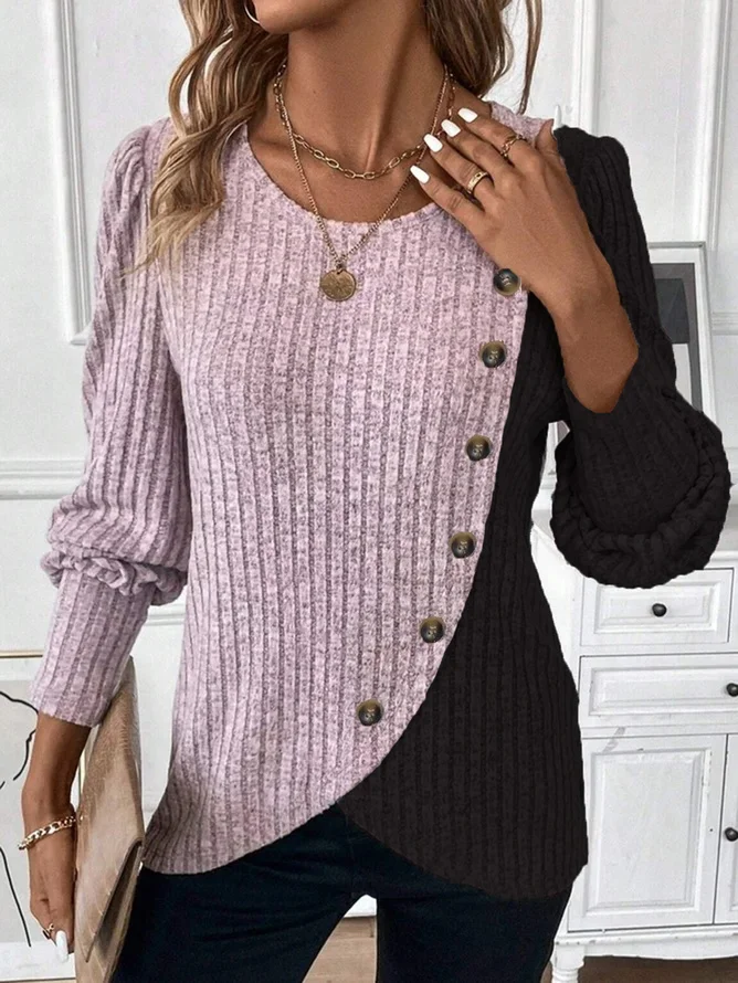 Schmal Passen Rundhals Farbe Matching Gerippt Kreuz Saum Langarm Frühling und Herbst Gestrickt Pendler T-Shirt Oberteile