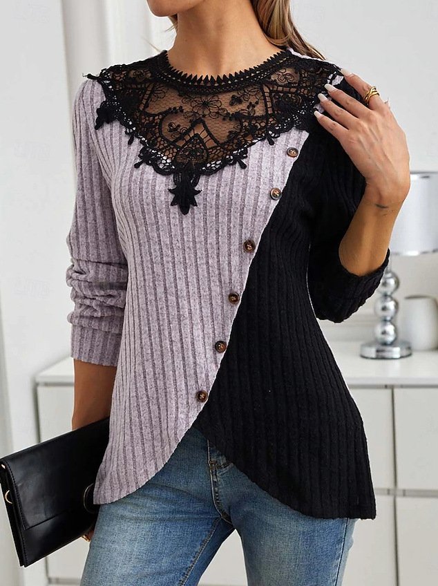 Schmal Passen Spitze Rundhals Farbe Matching Gerippt Kreuz Saum Langarm Gestrickt Elegant Pendler T-Shirt Oberteile